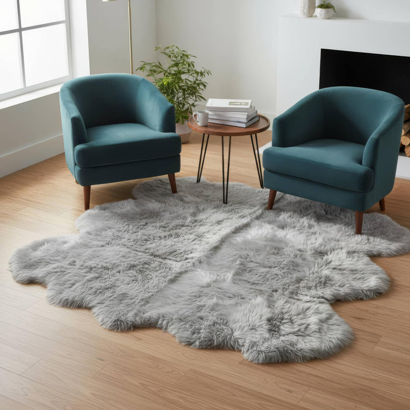 Everly Quinn Genuine New Zealand Fluffy Sheepskin Rug For Bedroom Living Room, Silver, Single Pelt, Novelty 5'