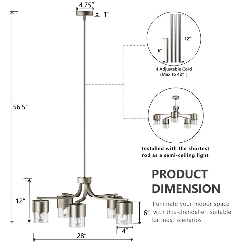 Kailyn 5-light 28"W Nickel Modern/traditional Spider Chandelier With Clear Glass Shades For Dining Room Or Kitchen
