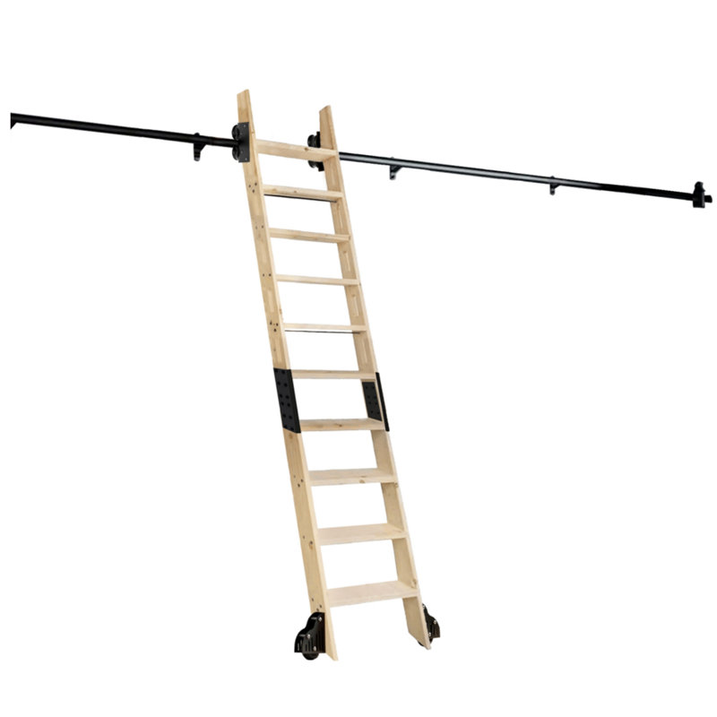 Natural Knotty Pine Wood Sliding Library Step Ladder With Rolling Ladder Hardware, 10', 120"
