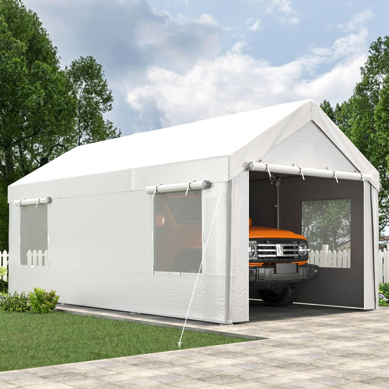 10 X 20Ft Heavy Duty Carport, Portable Garage With Sidewalls, All Weather For Car, Storage & Tool Room, White, White