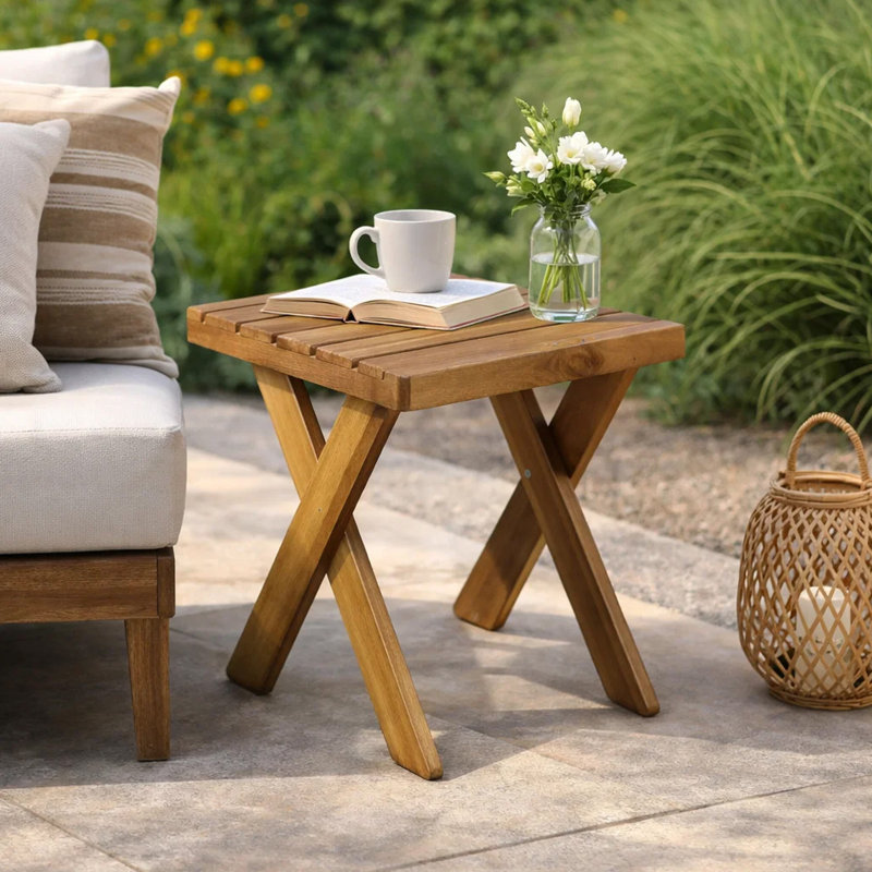 Harley Outdoor Side Table, X Legs, Square 18 Inch Brown Acacia Wood, Brown