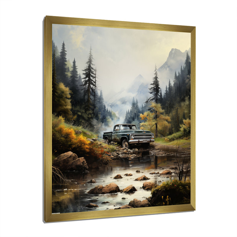 Yaslynn, camionnette verte, Misty Mountains I - impression, Encadrement doré, H 40 po x l 30 po x P 1,5 po