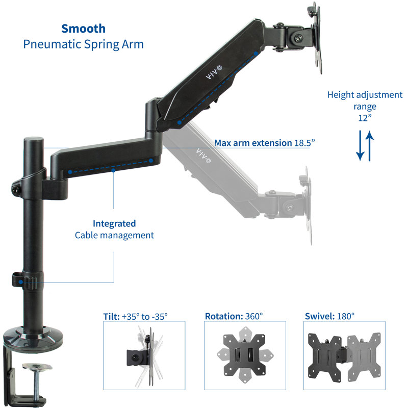 Pneumatic Arm Single Monitor Desk Mount
