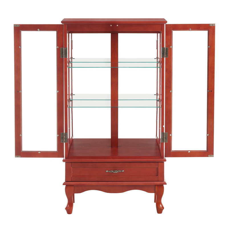 Lighted Glass Display Cabinet Glass Wine Cabinet Curio Display Cabinet With Adjustable Glass Shelves Two Doors And One Drawer Bulb Included For Home Decor And Storage