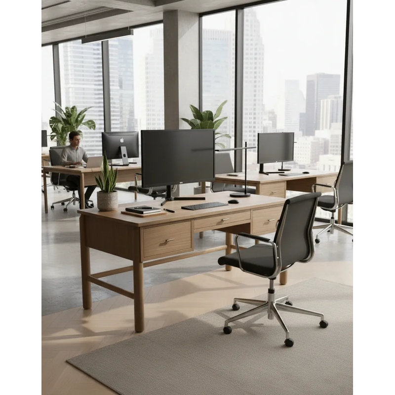 Le bureau d'écriture The Rowan - construction en bois massif, 48 po de longueur x 30 po de profondeur x 30 po de hauteur, trois tiroirs avec port de gestion des câbles, bureau à domicile moderne