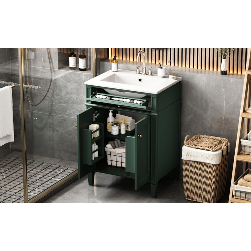 24 meubles de salle de bain de style français avec 2 portes et un tiroir, des solutions de rangement réfléchies, des rails coulissants lisses, des charnières à fermeture en douceur, idéales pour les salles de bain modernes en bois massif, facile à nettoyer