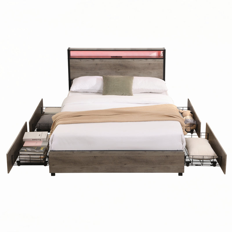 Full Bed Frame with Storage Headboard, Antique Gray, Full
