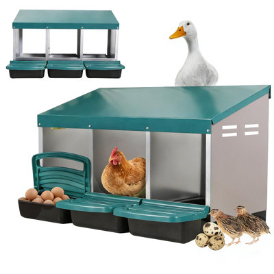 Chicken Nesting Box, 3 Compartments Metal Roll Away Nesting Box For Eggs, Chicken Laying Box With Egg Collection, Green