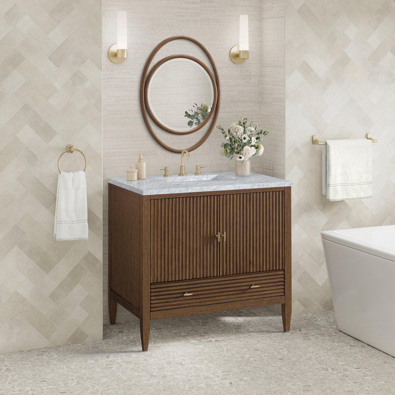 Myrrin 36'' W Single Vanity, Carrara White, Mid-Century Walnut, 8" Widespread