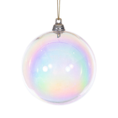 3" Iridescent Ball. This Iridescent ornament gleams with a glossy, finish, and adds a touch of elegance to any holiday decor. Includes 6 ornaments per bag.