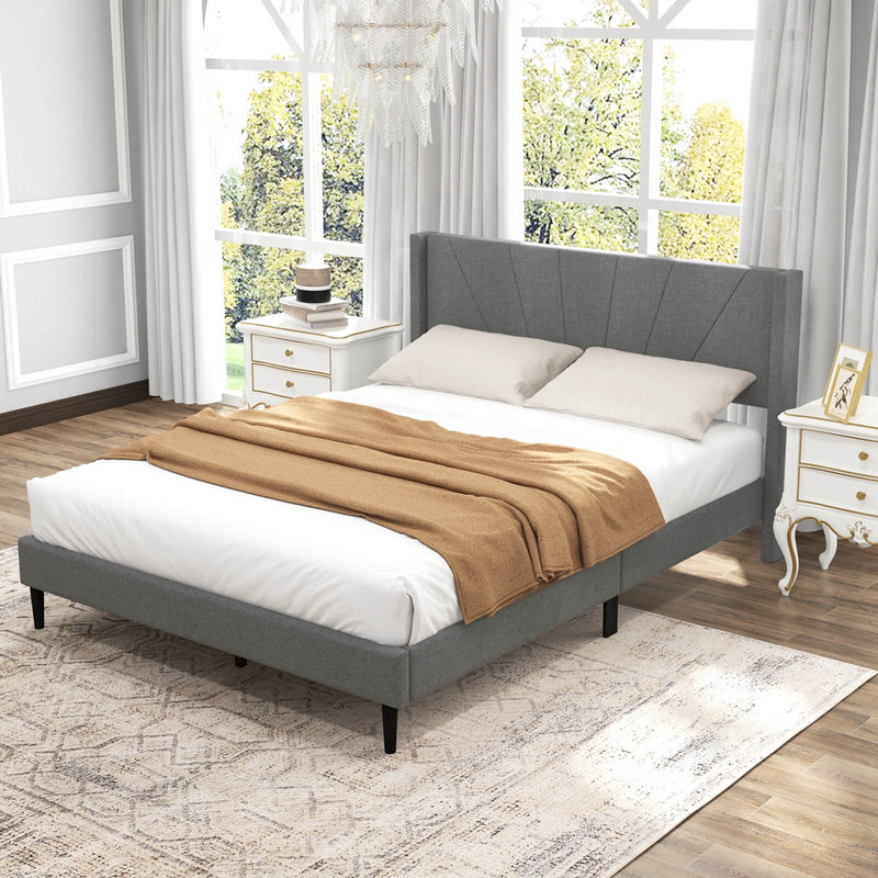 Costway Bed Frame Modern Platform Bed With Linen Upholstered Wingback Headboard, Queen