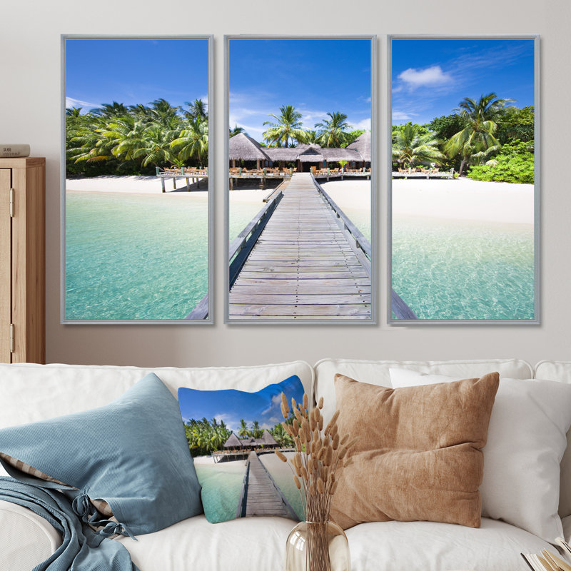 Plage avec cocotiers - ensemble d'art mural sur toile encadré paysage, Argent, H 40 po x l 60 po