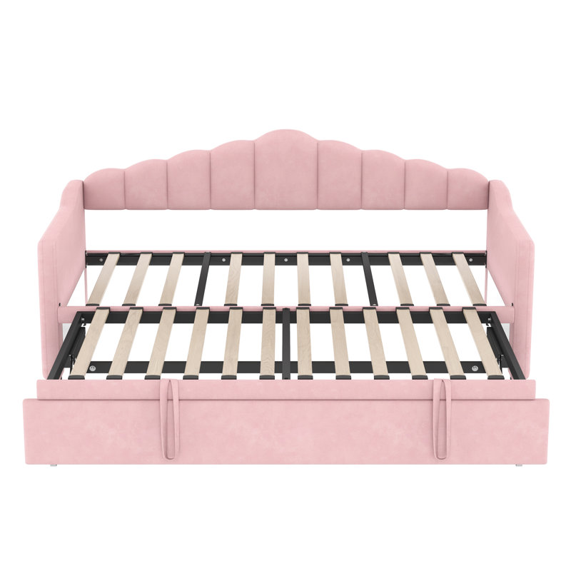 Lit de jour simple rembourré avec couchette escamotable à hauteur réglable, ports de charge USB et Type-C, 2 poches latérales, aucun sommier nécessaire (rose)
