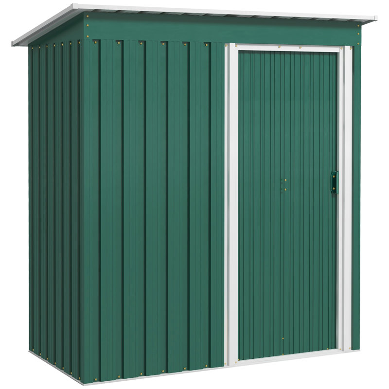 Green 5 X 3ft Galvanised Metal Garden Storage Shed, Outdoor Tool Shed With Sliding Door & Sloped Roof