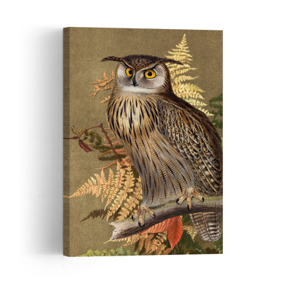 Watchful Horned Owl Abstract Vintage Bird Fern Owl Forest Landscape Wall Art Print 1 Piece Wrapped Canvas Wall Art
