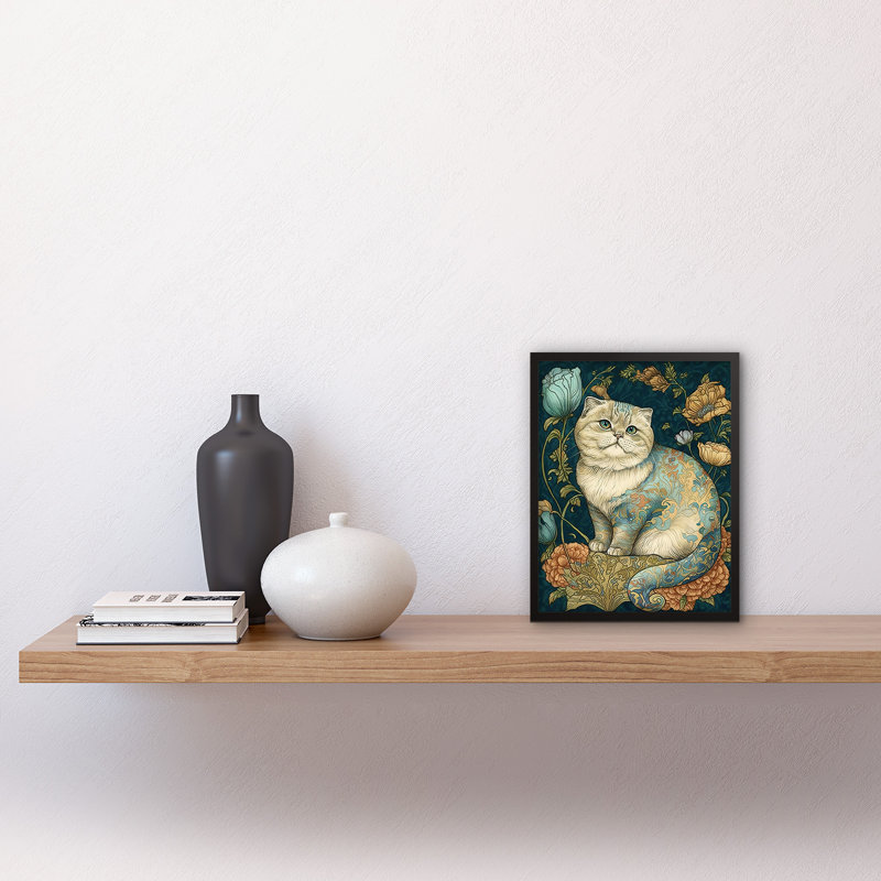 William Morris Inspired Cute Cat With Floral Pattern Fur And Flowers Colourful Modern - Single Picture Frame Print