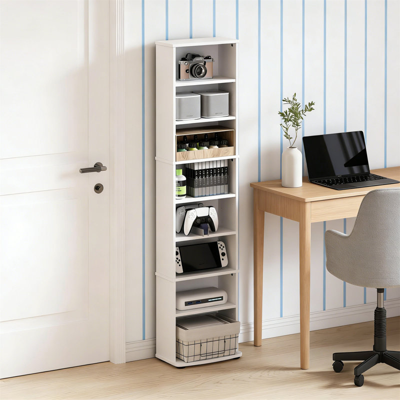 8-Tier Tall Narrow Media Shelf With Adjustable Shelves, White, White