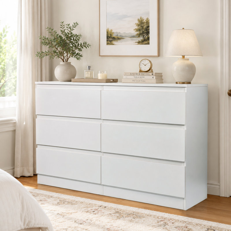 Commode blanche minimaliste avec 6 tiroirs et une large surface de présentation, White