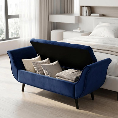 Banc de rangement Vintage en velours capitonné, repose-pieds rembourré de 65 pouces avec rangement caché, bleu marine pour le salon et le vestibule