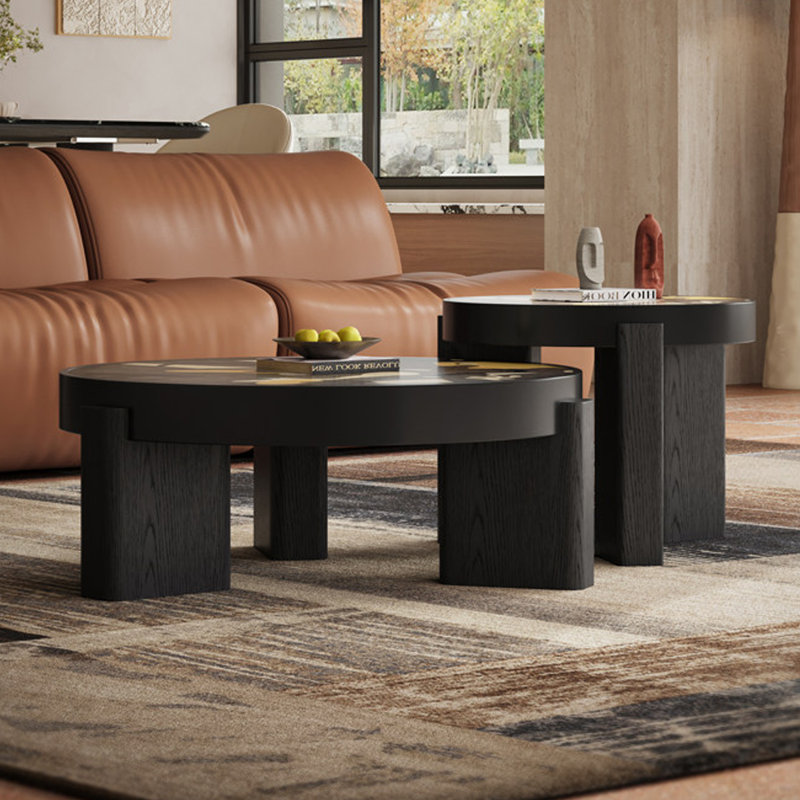 Ensemble de tables basses rondes en bois massif noir et bois manufacturé