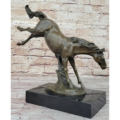 Verlia Jumping Wild Horse Mustang Stallion Bronze Sculpture Statue on Marble Base