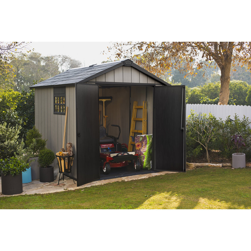 Keter Oakland 7.5x9 ft. Durable Resin Outdoor Storage Shed With Floor and Double Doors for Garden Patio Furniture and Tools, Grey