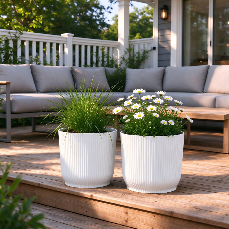Set of 2 20cm H Plasic Planter Pots Round Ribbed Garden Pots in White/Blue, White