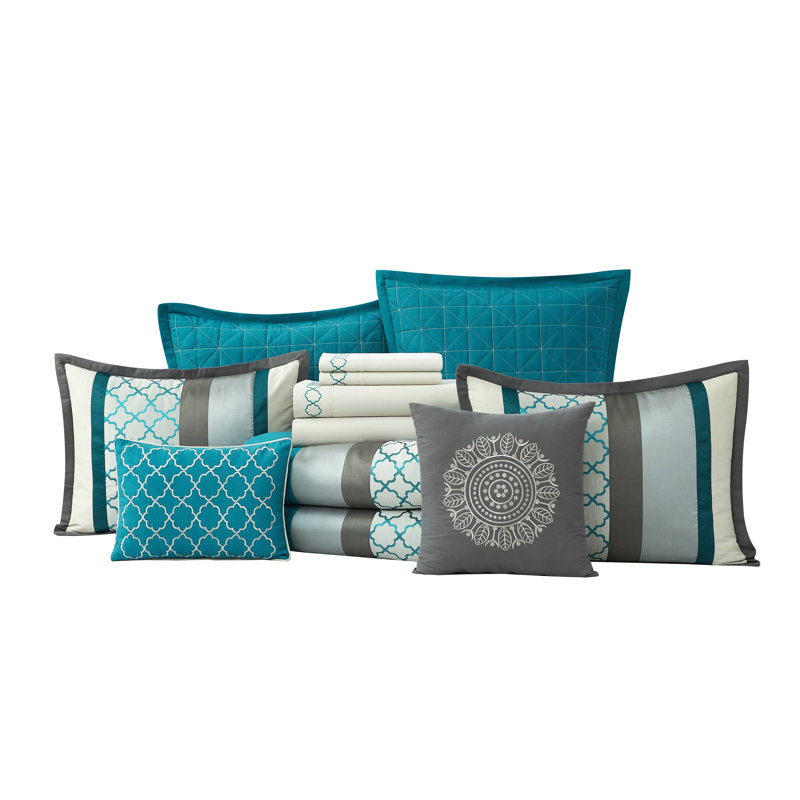 Ensemble de literie moderne en microfibre 16 pièces Avalon, Édredon très grand + 15 pièces supplémentaires, Bleu/gris