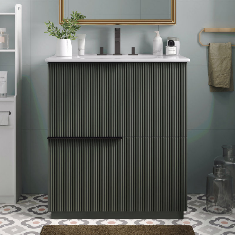 Meuble-lavabo de 30 po avec lavabo en céramique, tiroirs pleine extension, conception cannelée, glissières de tiroir à fermeture en douceur