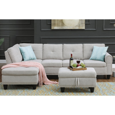 Canapé modulaire 98 po avec accoudoirs arrondis - Lin gris, tissu faisant face à la main et à la chaise faisant face à la gauche