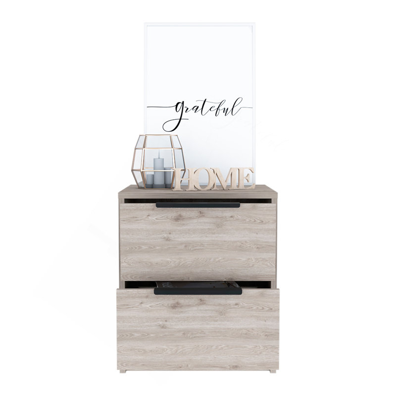 Table de chevet, table de bout, deux tiroirs, poignée en métal Kaia - gris clair Kaia, Chêne gris