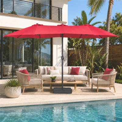 13 ft. x 8 ft. Rectangular Market Umbrella with Base, Triple-size Patio Parasol, Red(Sand Not Included)