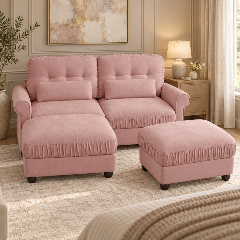 Canapé modulable 2 places en chenille Deerwood de 176 cm de large avec 2 poufs, coussins à volants et coussins lombaires