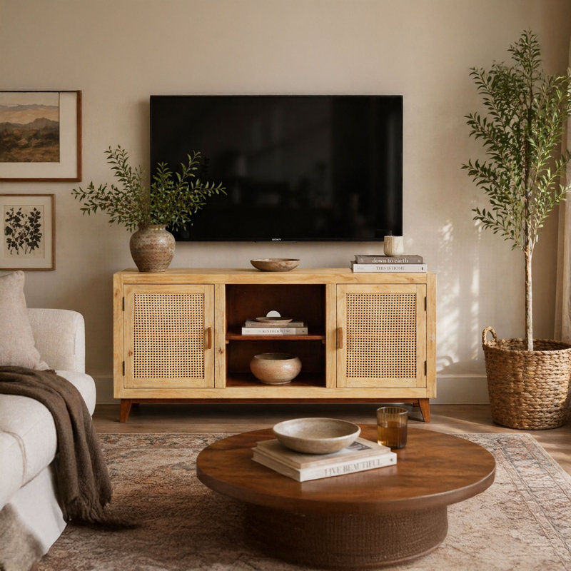 Aru 58 Inch Sideboard Buffet Cabinet, 2 Cane Doors N Open Shelves, 2 Tone Antique Brown Mango Wood