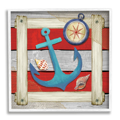 «Marine Anchor Compass Stripes» par ND Art - cadre flottant, impression sur bois