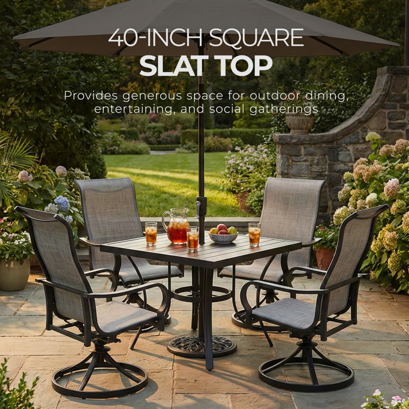 Winston Porter Palermo Slat Top Dining Table with Umbrella Hole, Gray