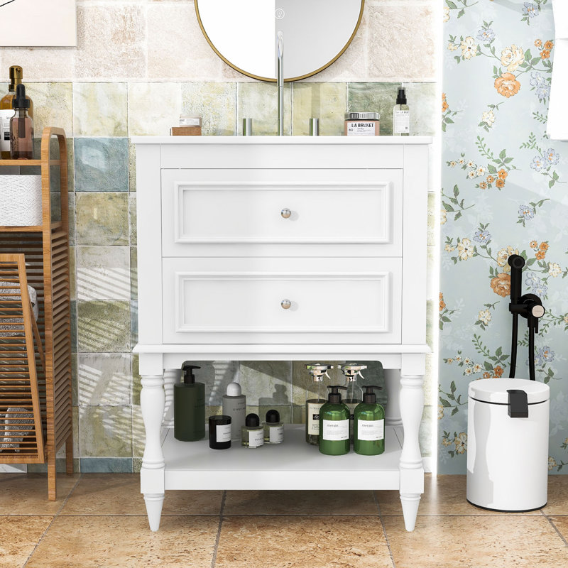 Meuble-lavabo autoportant rétro avec lavabo en céramique ultrabrillant, grand rangement et tablette ouverte, Blanc