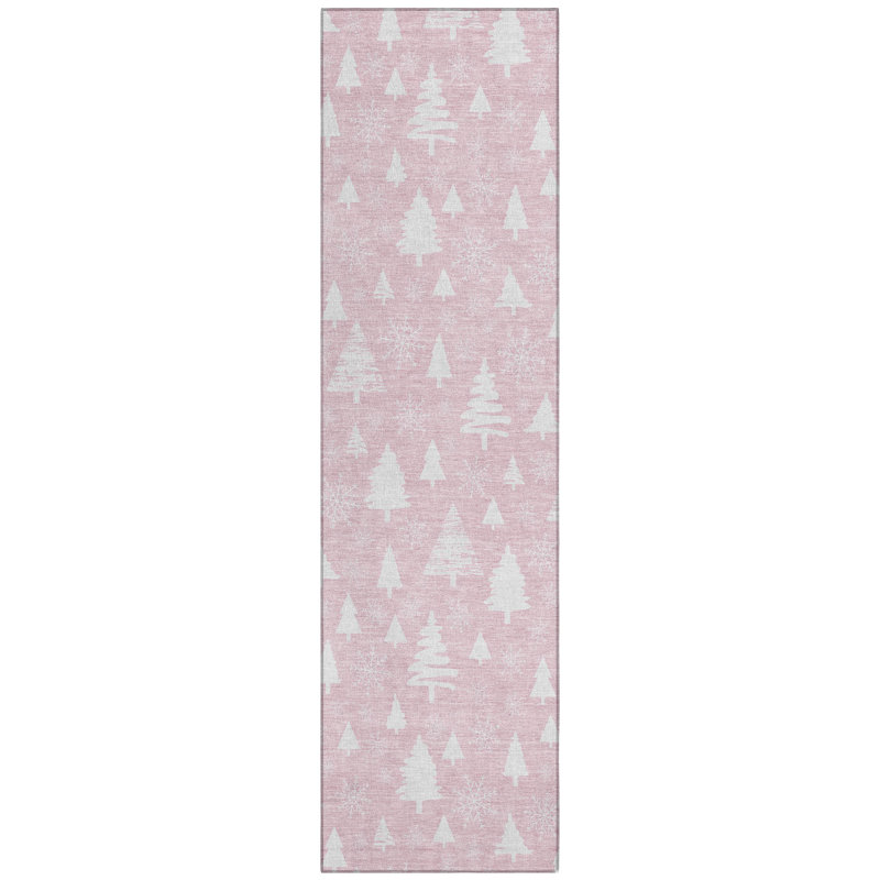 Machine Washable Indoor/Outdoor Christmas Tree Xhevrie Pink Rug, Runner 2'3" x 7'6"