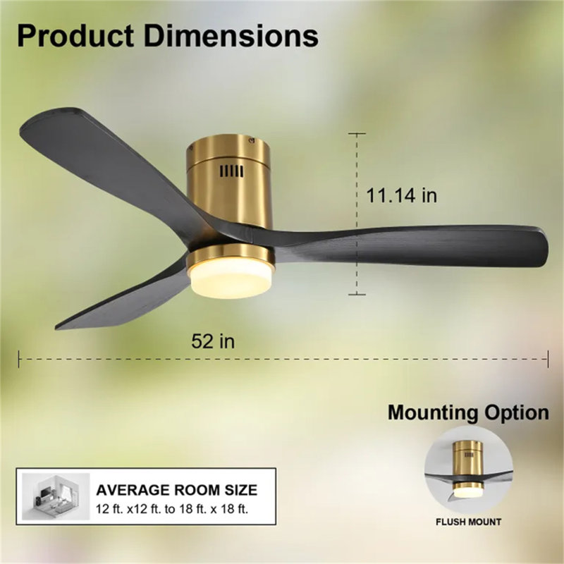 52 Inch Low Profile Ceiling Fan With Remote Control 3 Solid Wood Blades,52 Inches Suitable For Indoor And Outdoor, Black