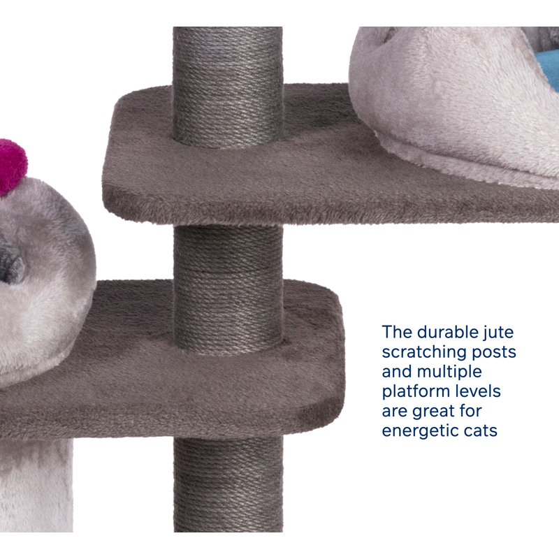 Gray and Blue Faux Fleece Castle Cat Tree with Perches