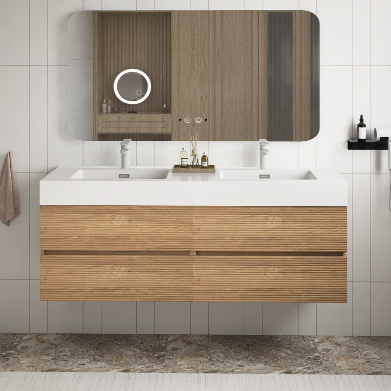 Meuble-lavabo avec lavabo à quartz et tiroirs à fermeture en douceur, meuble-lavabo mural flottant pour salle de bain moderne, lavabo une pièce