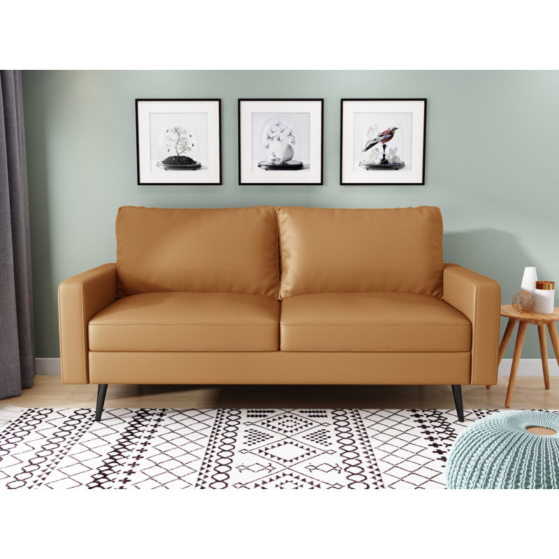 Causeuse de 57,7 po à accoudoirs carrés de style moderne, Similicuir brun, H 33 po x l 70 po x P 31,9 po