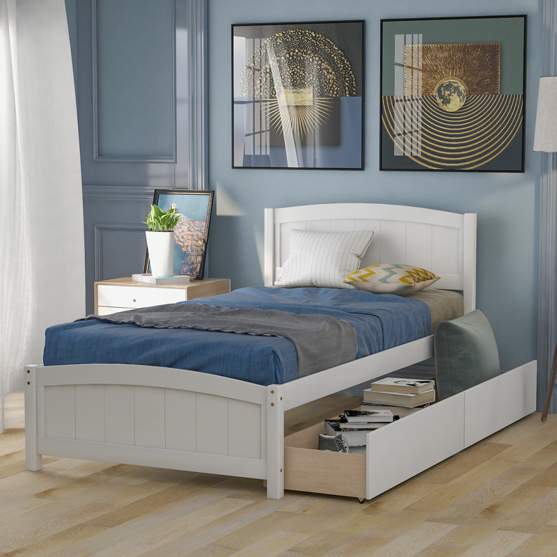 Lit plateforme simple avec tiroirs 202 x 106 x 95 cm (79,5 x 41,7 x 37,5 pouces) MDF, pin et contreplaqué, monobloc, cadre blanc robuste