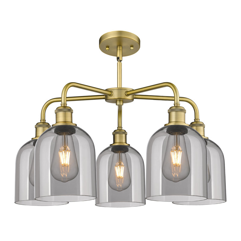 Lustre en forme de cloche à intensité variable en acier à 5 lumières Odaniel, Gris fumée clair, Laiton brossé