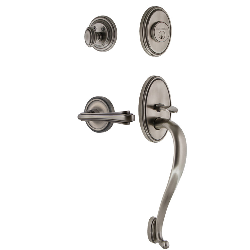 Nostalgic Warehouse Classic Plate S Grip Handleset with Single Cylinder Deadbolt and Fleur Lever, Antique Pewter, Right