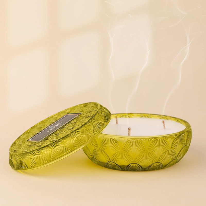 Bougie parfumée en pot avec support en verre, Vert jaune