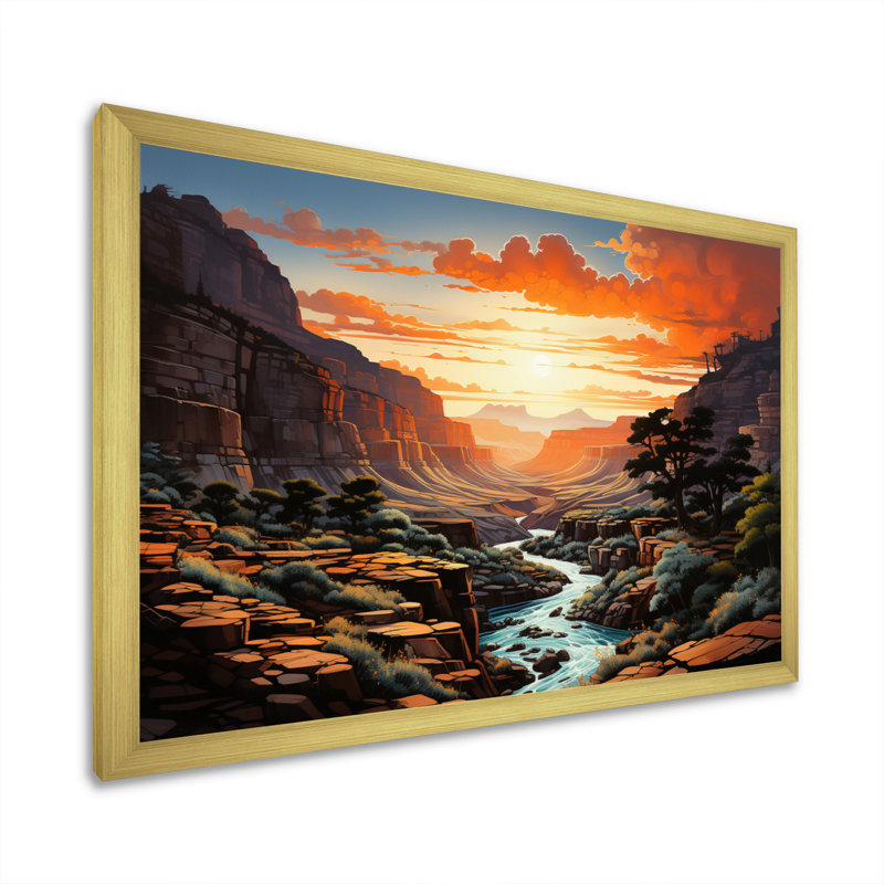 Canyon - pointillisme vertical - impression, H 16 po x l 32 po x P 1 po, Encadrement doré