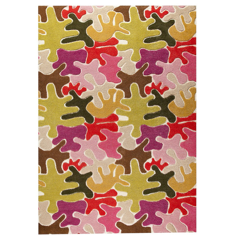 Tapis rose / vert en laine touffeté à la main Abstract, Rectangle 7 pi 10 po x 9 pi 10 po