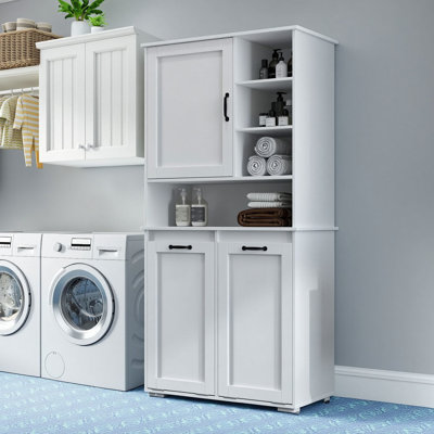 Grande armoire de rangement autoportante avec portes pliantes dissimulées, rangement compact pour la salle de bain, la salle de lavage et le vestibule