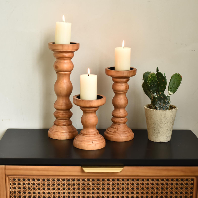 Farmhouse Wood Pillar Candle Holder Set Of 3 For Candlestick, Brown